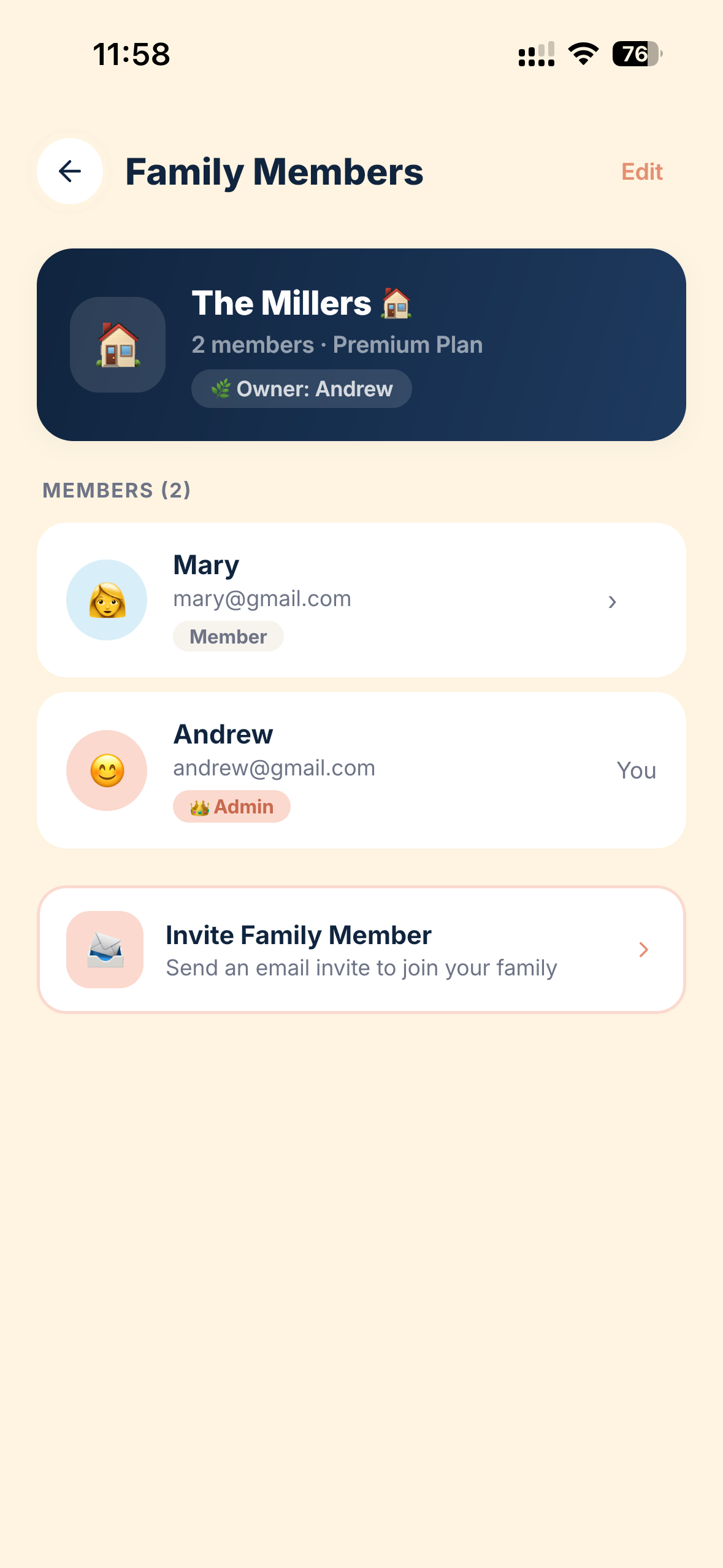 Family Members screen: The Millers, 2 members, Premium Plan, Owner Andrew. Mary listed as Member, Andrew as Admin, with Invite Family Member button at the bottom
