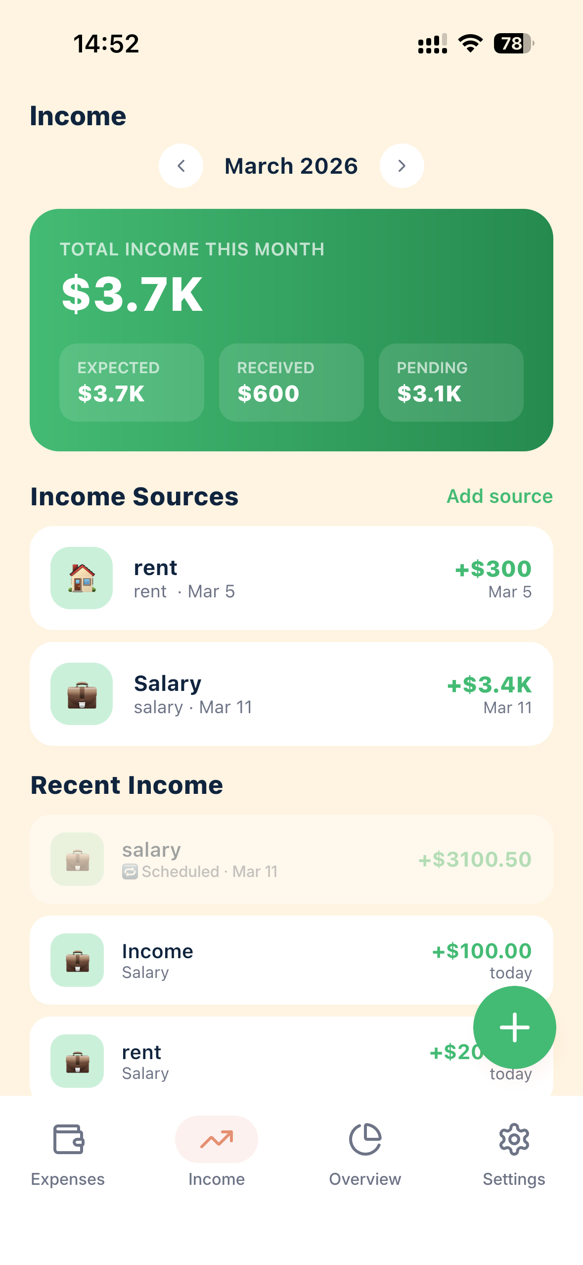 Income tab: March 2026, Total Income $3.7K. Expected $3.7K, Received $600, Pending $3.1K. Sources — rent +$300, Salary +$3.4K. Recent — salary $3100.50 scheduled, Income +$100, rent +$20
