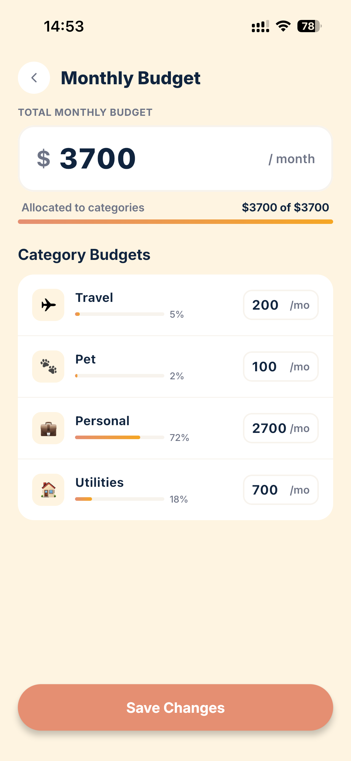Monthly Budget screen: $3,700 per month total, $3,700 of $3,700 allocated (full orange bar). Category Budgets — Travel 5% $200/mo, Pet 2% $100/mo, Personal 72% $2,700/mo, Utilities 18% $700/mo. Save Changes button