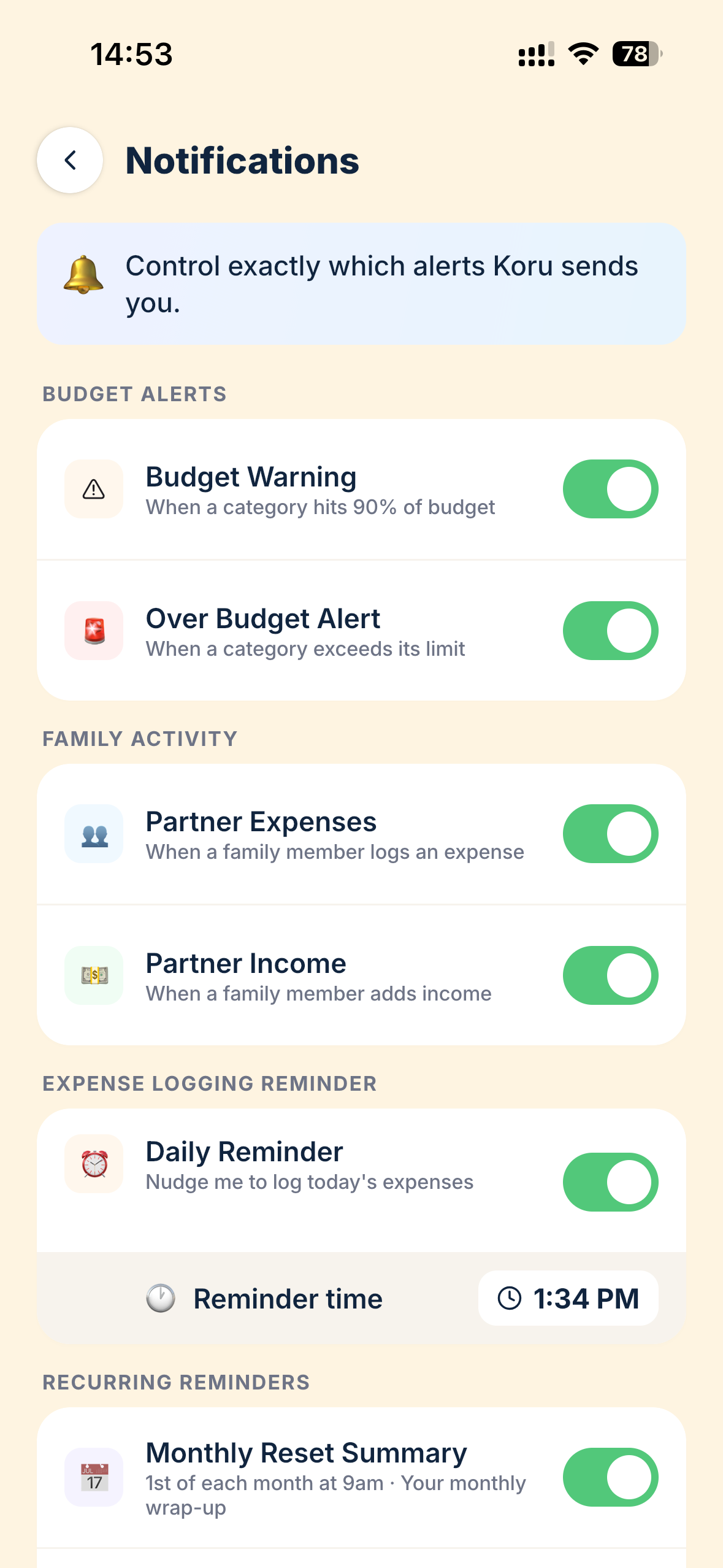 Notifications screen: Budget Warning when a category hits 90%, Over Budget Alert when it exceeds the limit. Partner Expenses and Partner Income toggles. Daily Reminder at 1:34 PM. Monthly Reset Summary on the 1st at 9am