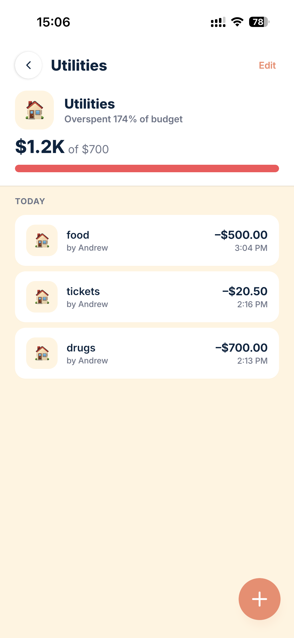 Utilities category detail: Overspent 174% of budget, $1.2K of $700, red progress bar. Today's transactions — food -$500 by Andrew, tickets -$20.50 by Andrew, drugs -$700 by Andrew