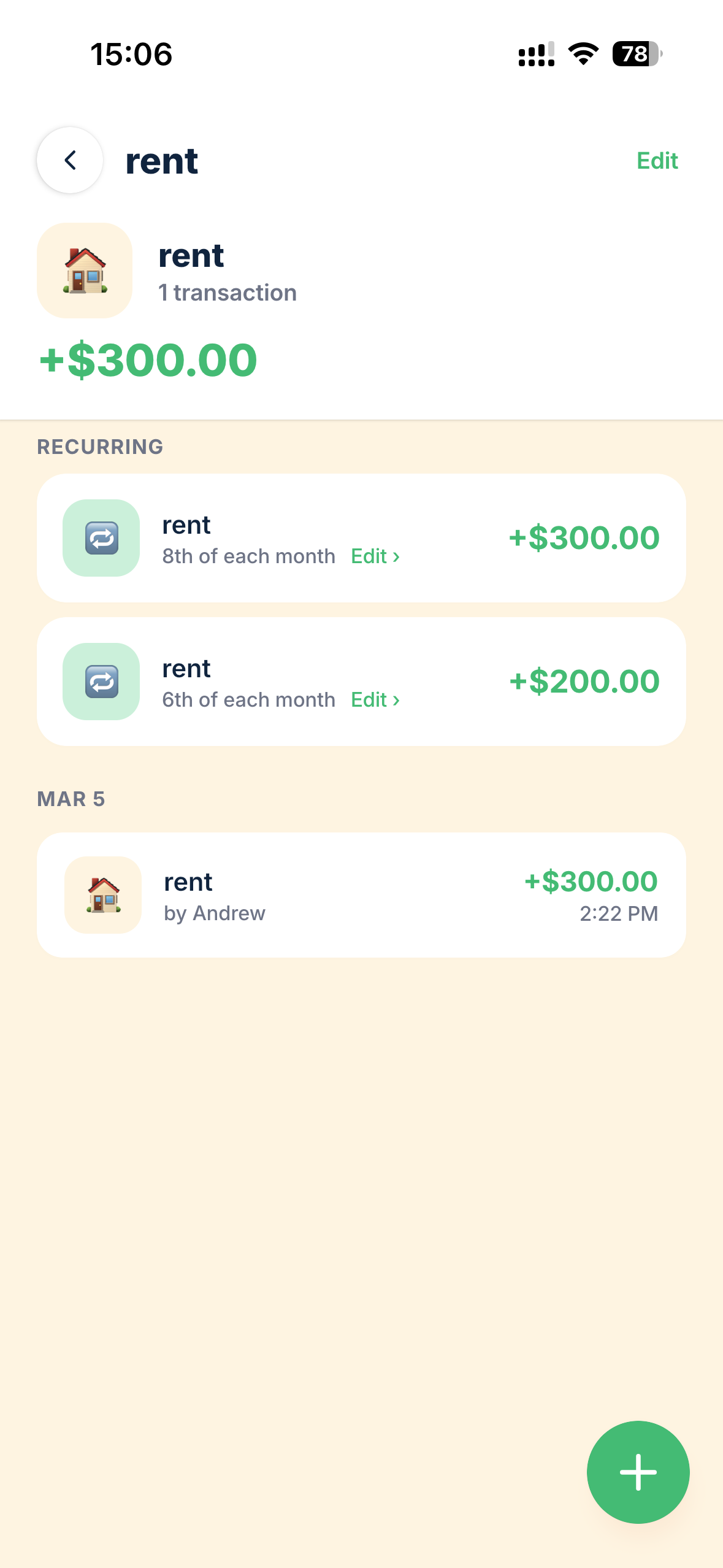Rent income source detail: 1 transaction, +$300. Recurring entries — rent on the 8th +$300, rent on the 6th +$200. Mar 5 — rent +$300 by Andrew