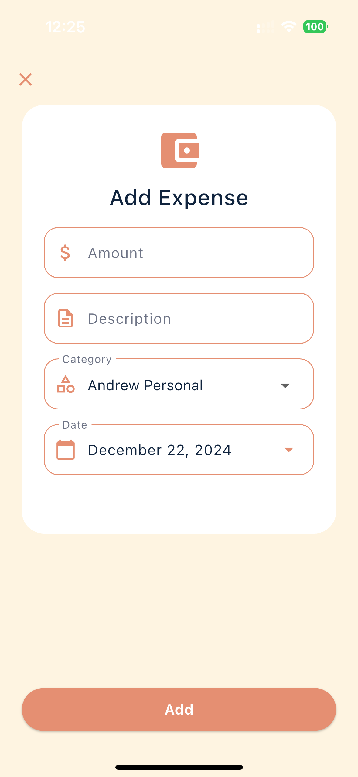 Quick expense entry form with category selection and amount input