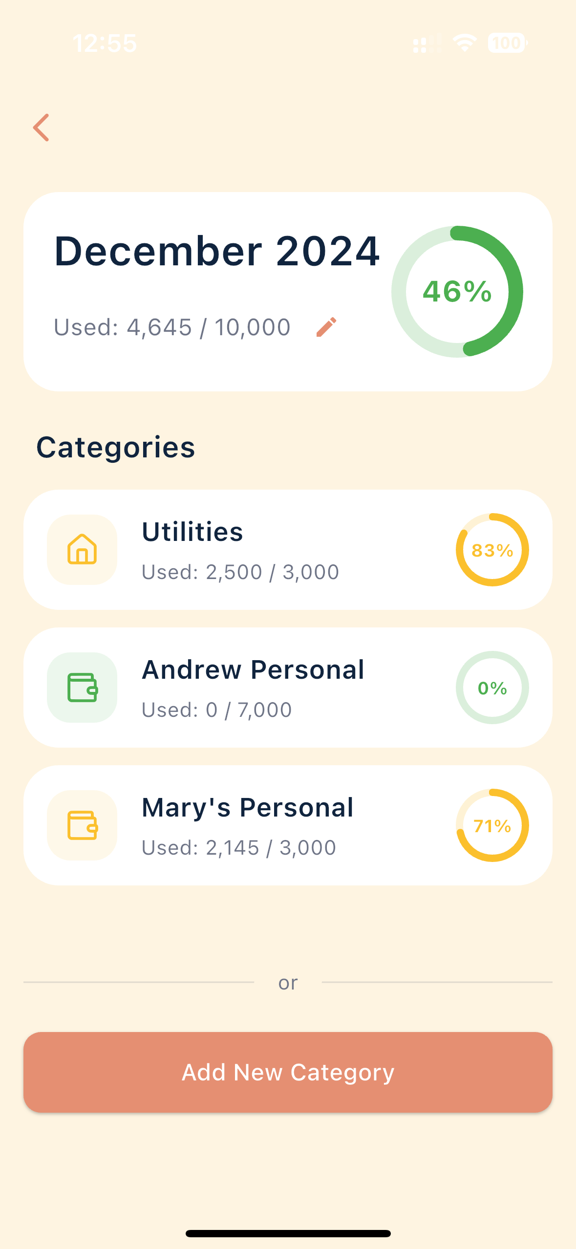 Budget category management with spending limits and usage tracking